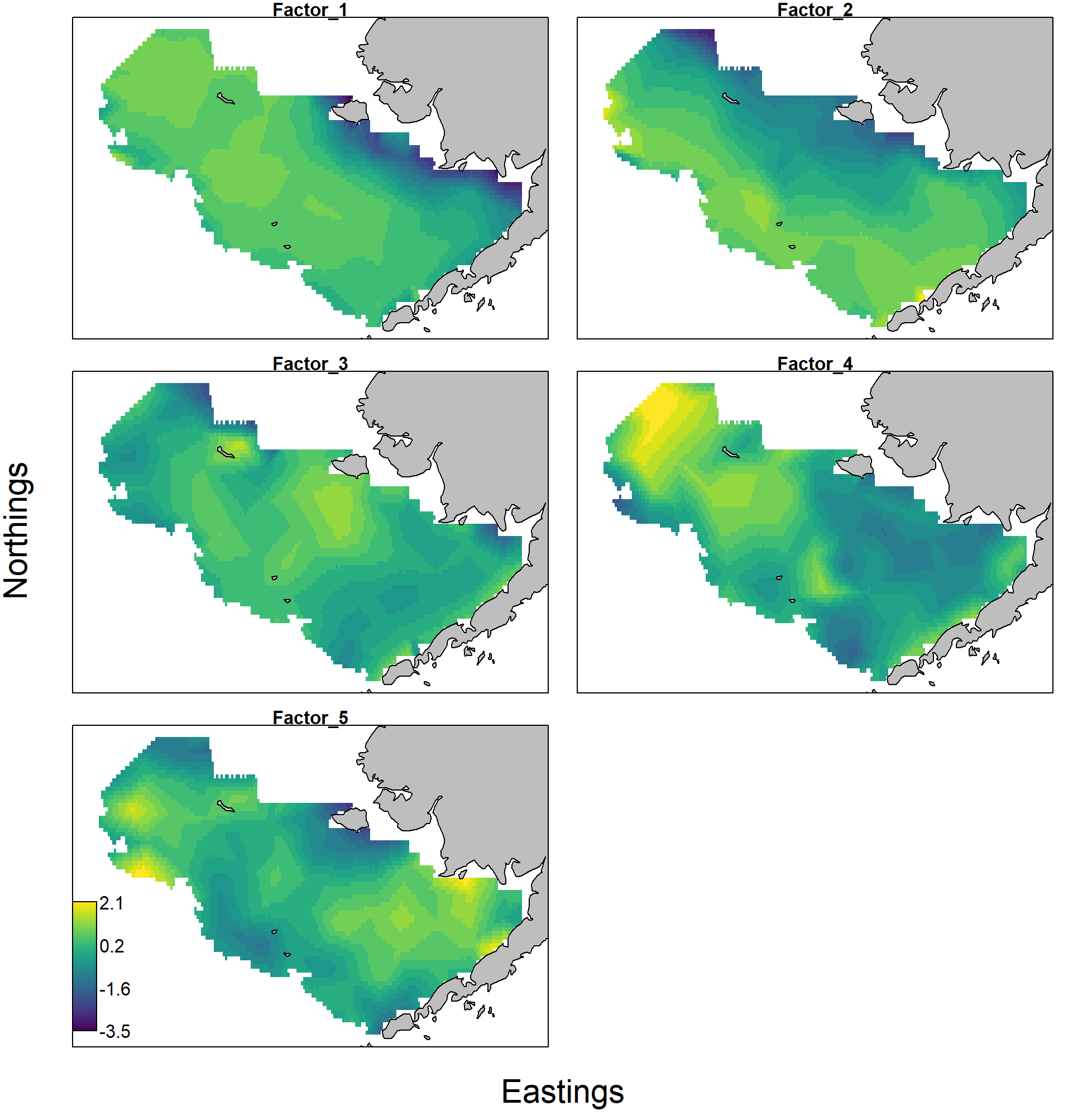 Predicted density of Alaska pollock in the eastern Bering Sea for each year