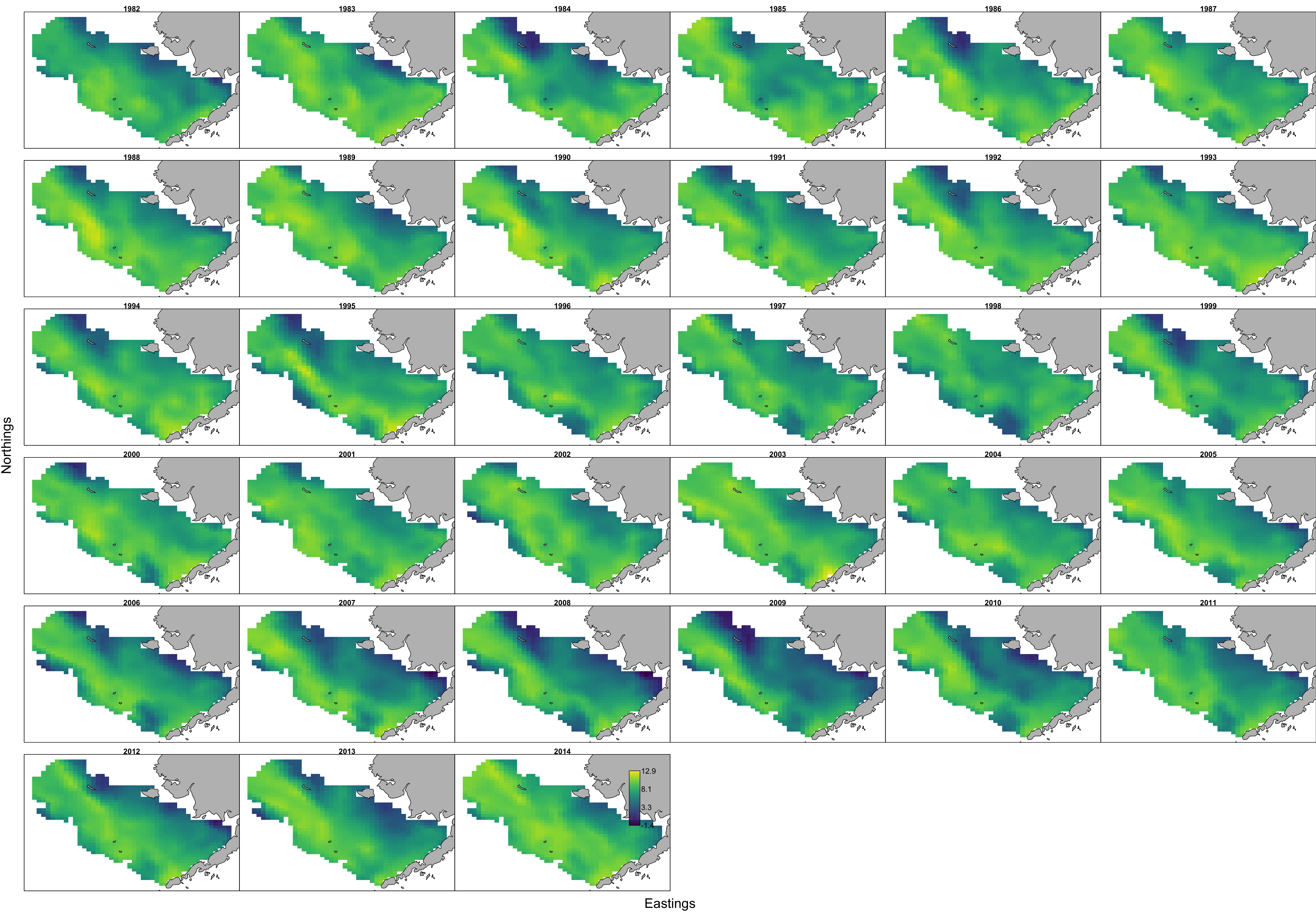 Predicted density of Alaska pollock in the eastern Bering Sea for each year