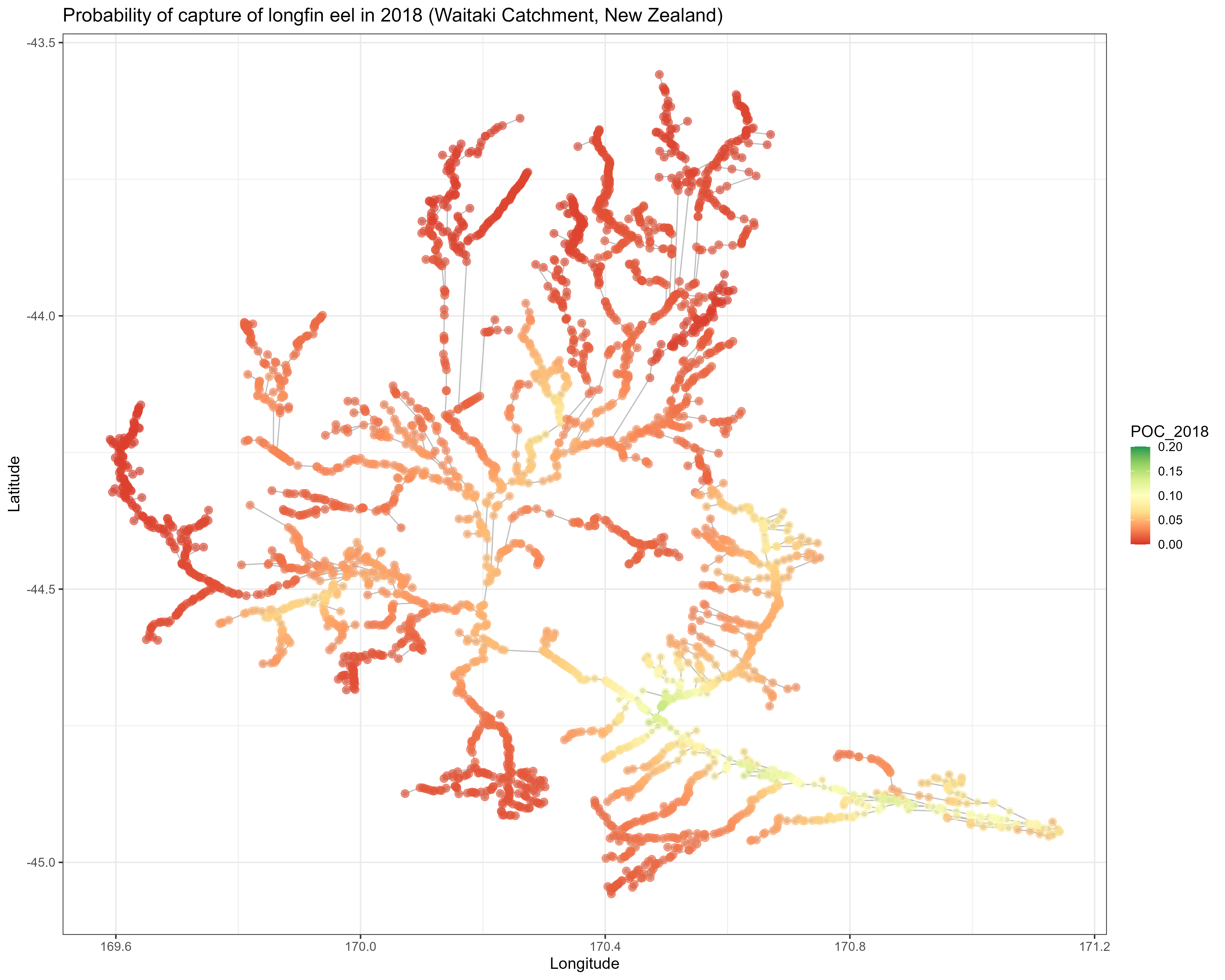 Predicted occupancy probabilities for longfin eels in New Zealand